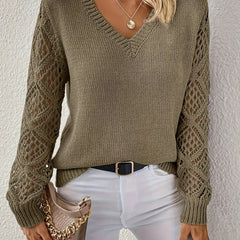 Jeanette Open-Knit Sleeve V-Neck Jumper in Olive