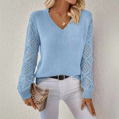 Jeanette Open-Knit Sleeve V-Neck Jumper in Sky Blue