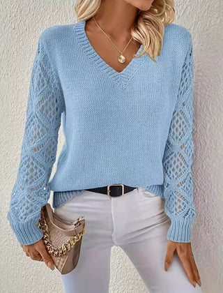 Jeanette Open-Knit Sleeve V-Neck Jumper in Sky Blue