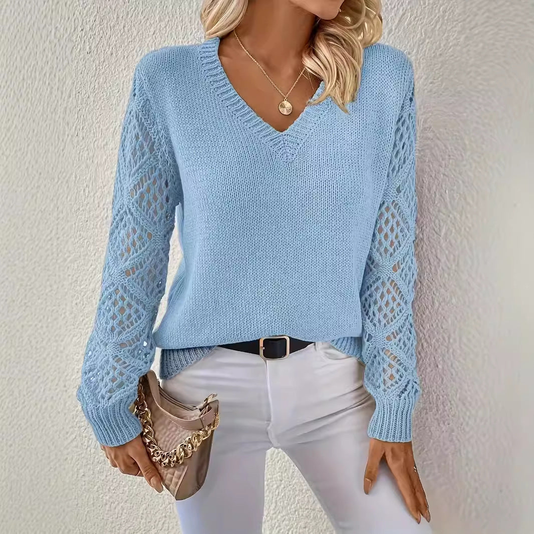 Jeanette Open-Knit Sleeve V-Neck Jumper in Sky Blue