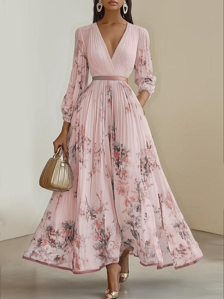 Rosemarie | Floral Pleated V-Neck Maxi Dress