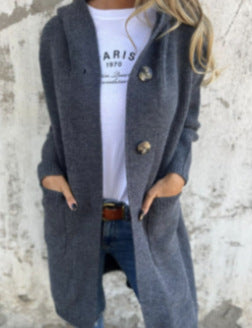 Freda | Long Hooded Button Knit Cardigan