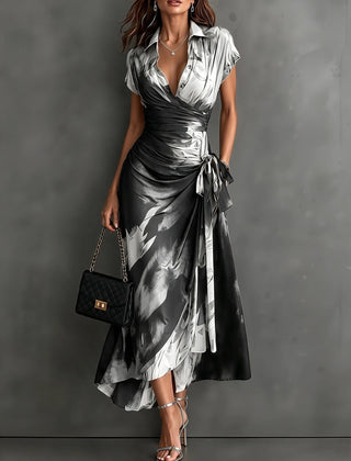 Kirsten Abstract Print Wrap Maxi Dress with Collar
