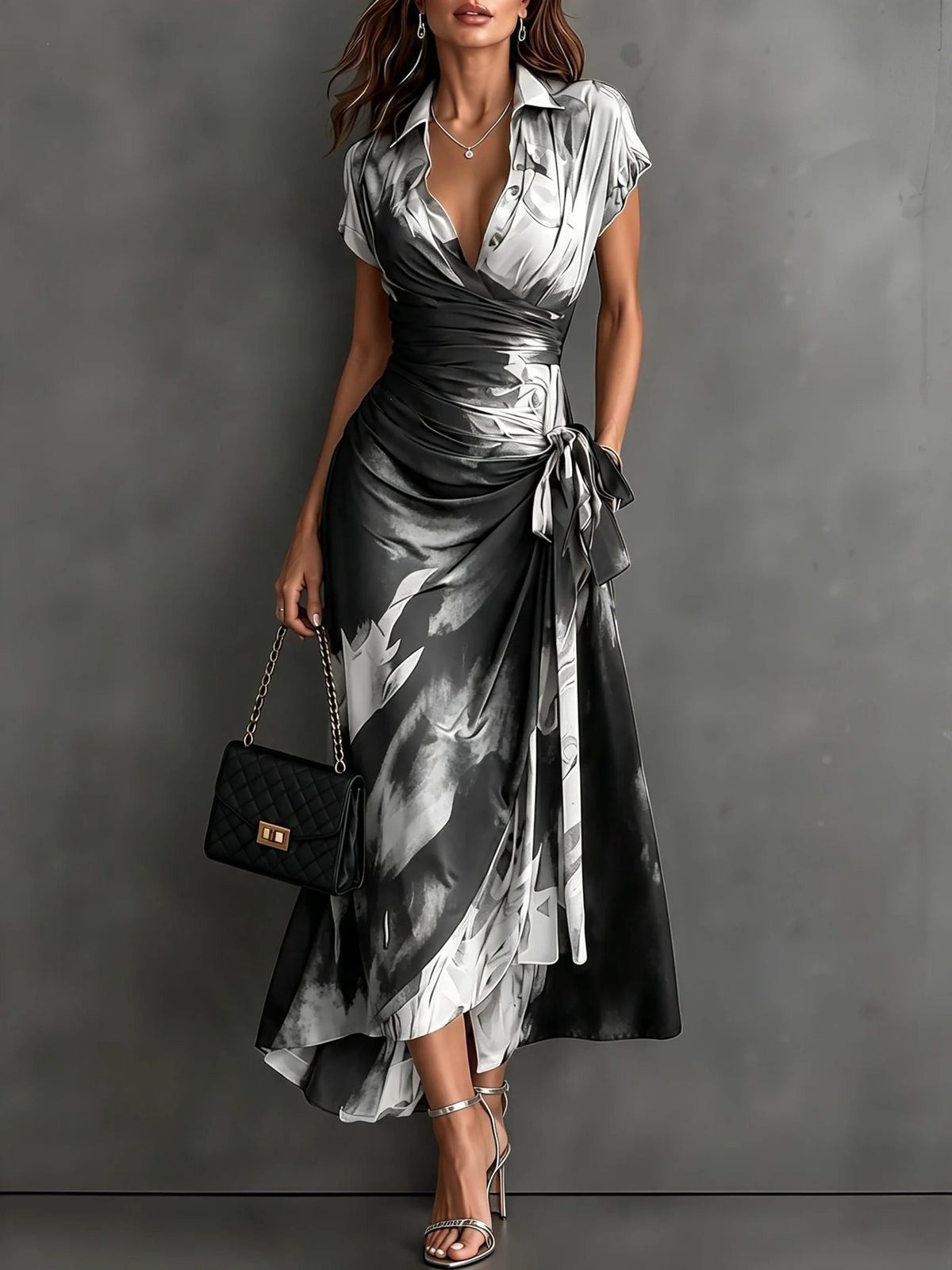 Kirsten Abstract Print Wrap Maxi Dress with Collar