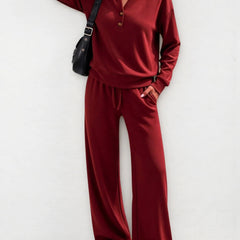June Button Neck Jumper and Wide-Leg Trouser Set in Red