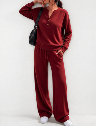 June Button Neck Jumper and Wide-Leg Trouser Set in Red