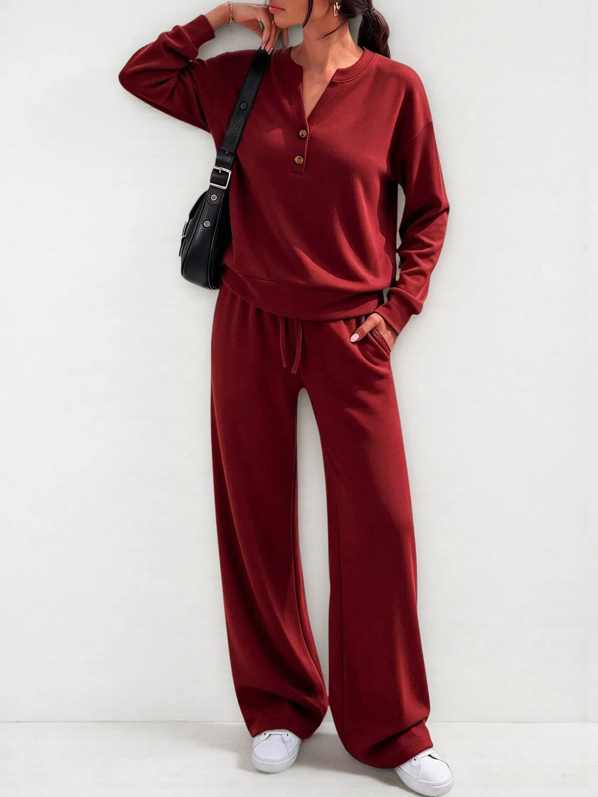 June Button Neck Jumper and Wide-Leg Trouser Set in Red