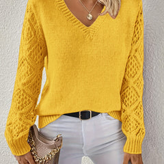 Jeanette Open-Knit Sleeve V-Neck Jumper in Mustard