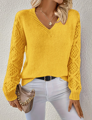Jeanette Open-Knit Sleeve V-Neck Jumper in Mustard