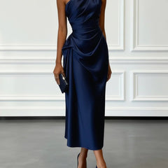 Janine One Shoulder Ruched Satin Midi Dress
