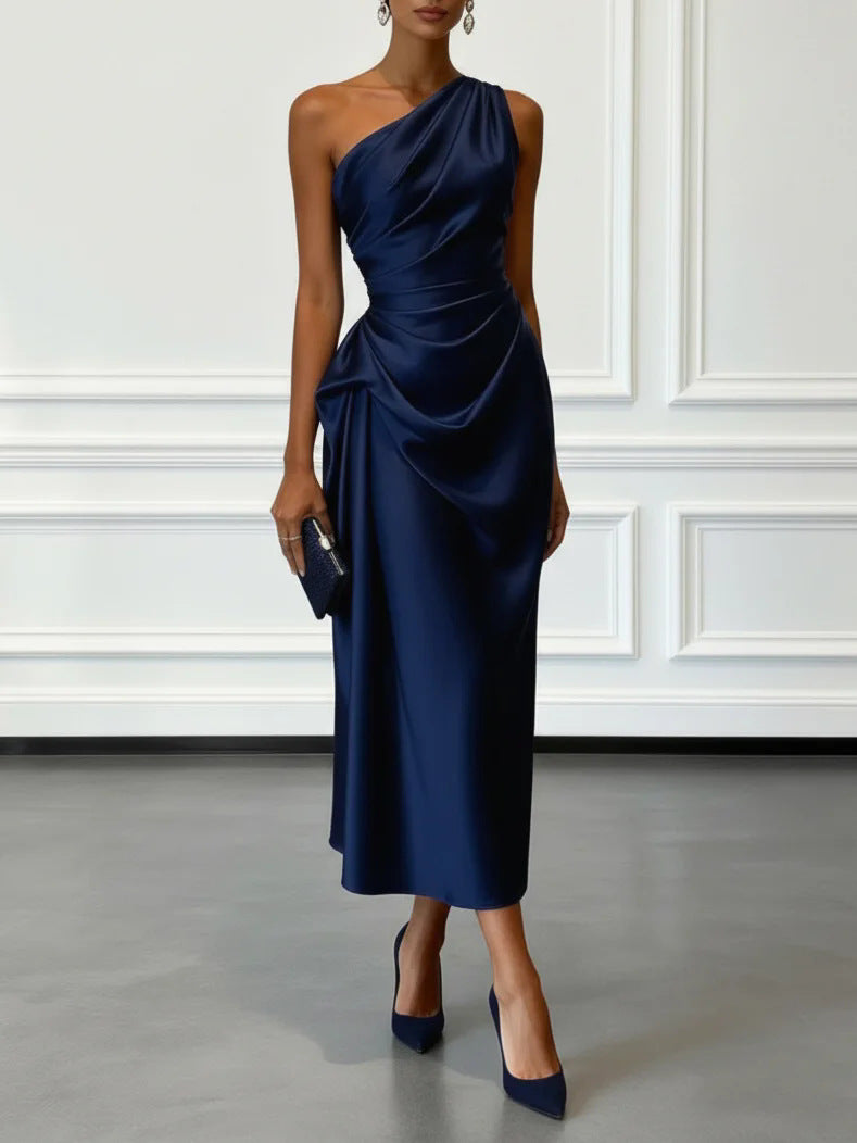 Janine One Shoulder Ruched Satin Midi Dress
