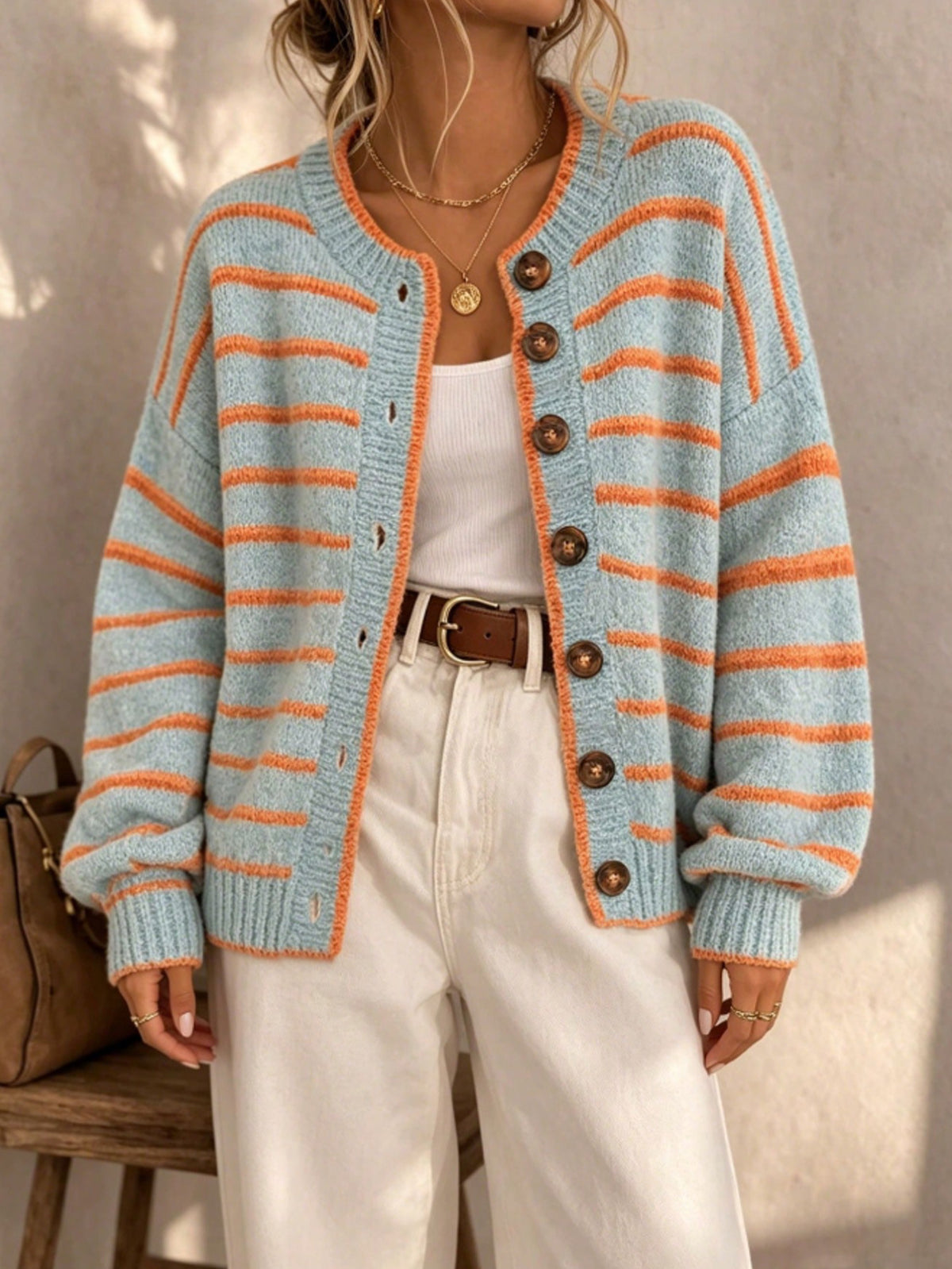 Trish | Striped Button Front Knit Cardigan