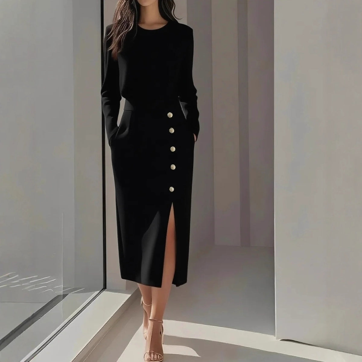 Geraldine | Gold Button Split Midi Dress