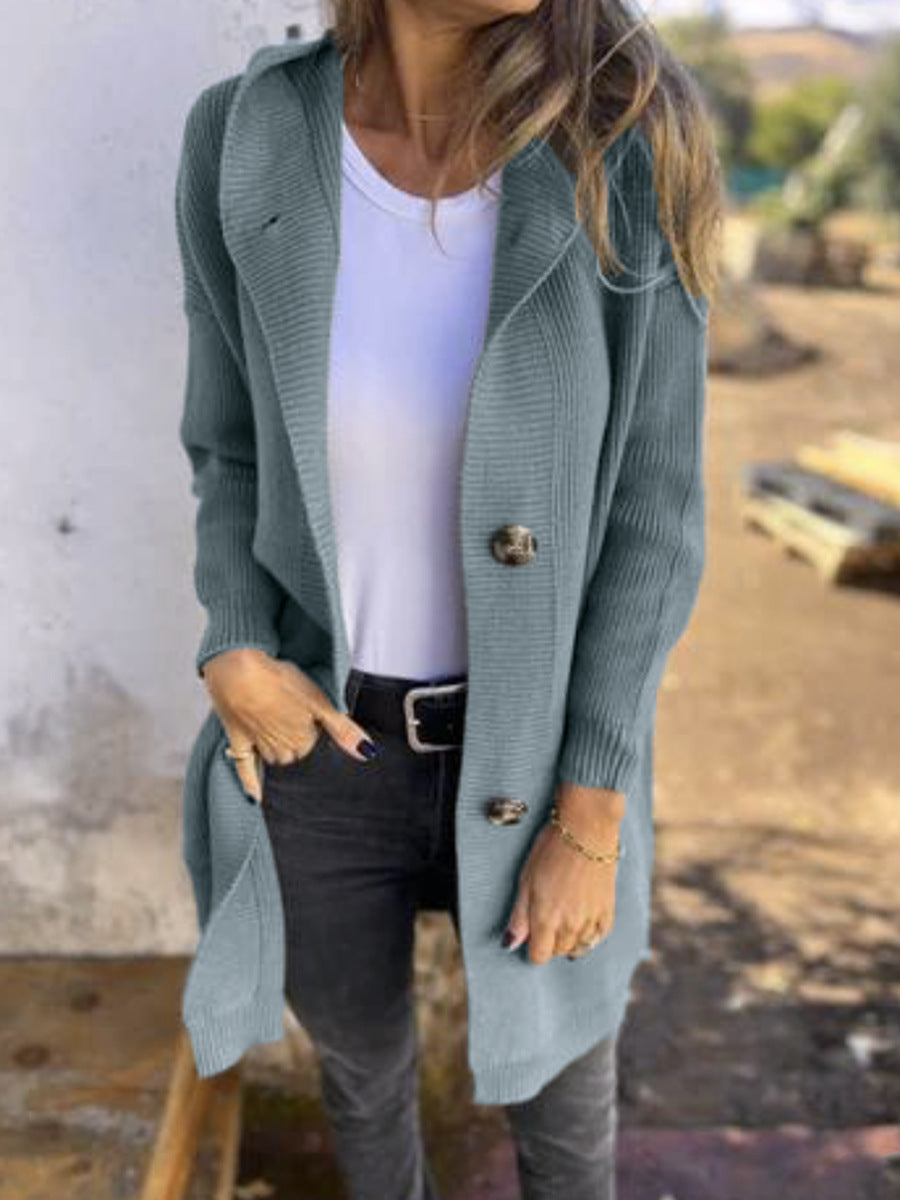 Freda | Long Hooded Button Knit Cardigan