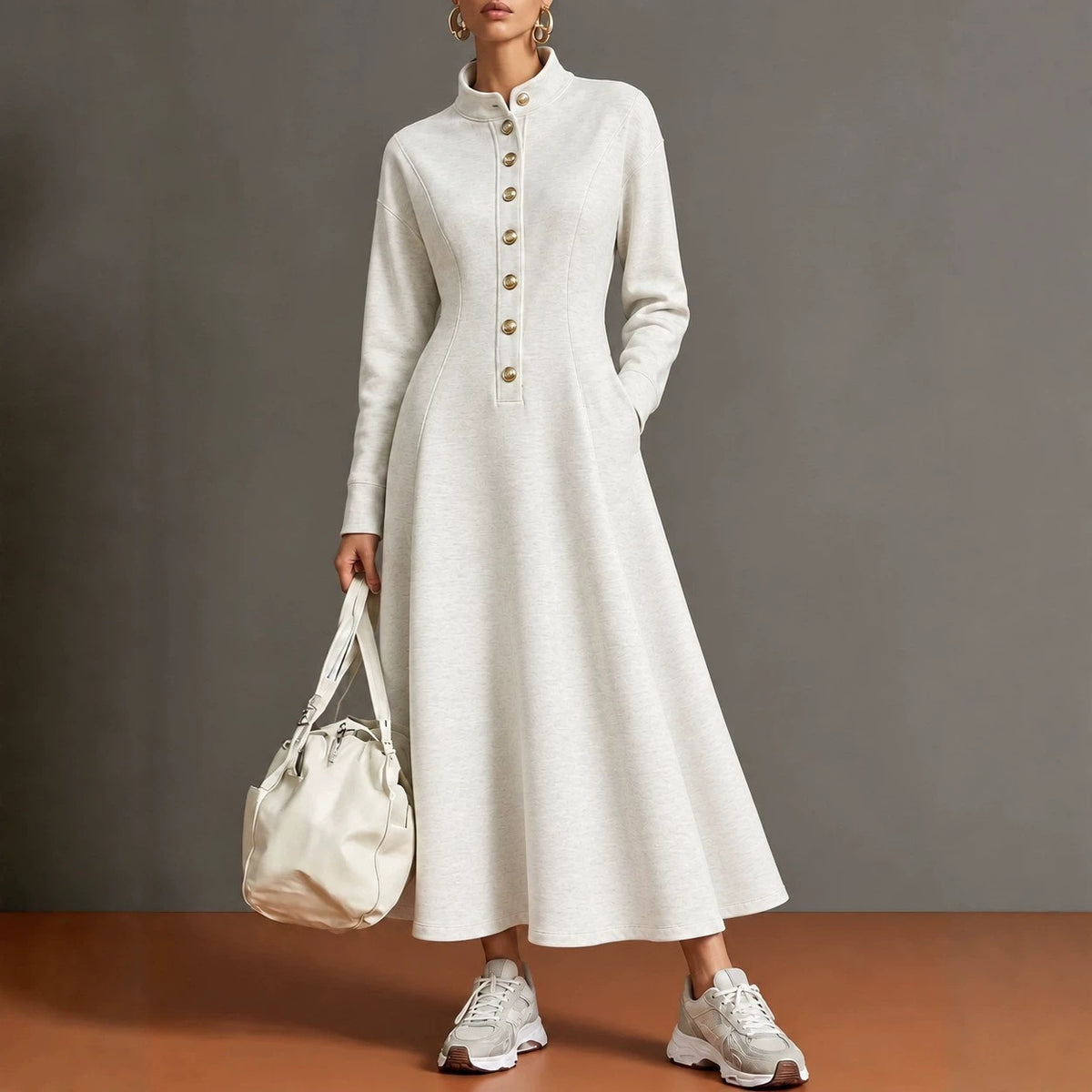 Sandie Stand Collar Button Maxi Dress