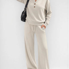 June Button Neck Jumper and Wide-Leg Trouser Set in Oatmeal