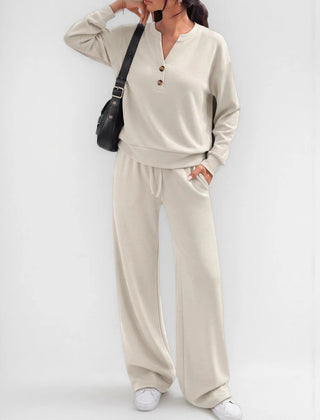 June Button Neck Jumper and Wide-Leg Trouser Set in Oatmeal