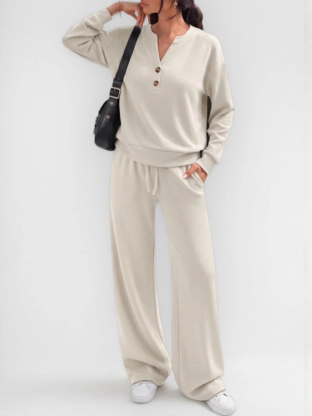 June Button Neck Jumper and Wide-Leg Trouser Set in Oatmeal