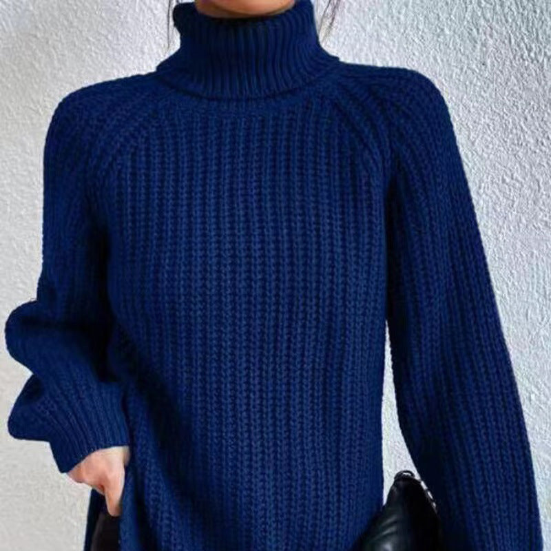 Shona Chunky Roll Neck Longline Jumper in Navy