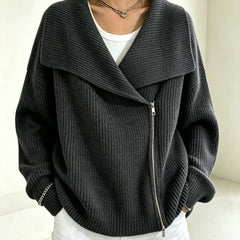 Linda Wide Lapel Double-Zip Knit Cardigan