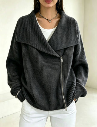 Linda Wide Lapel Double-Zip Knit Cardigan