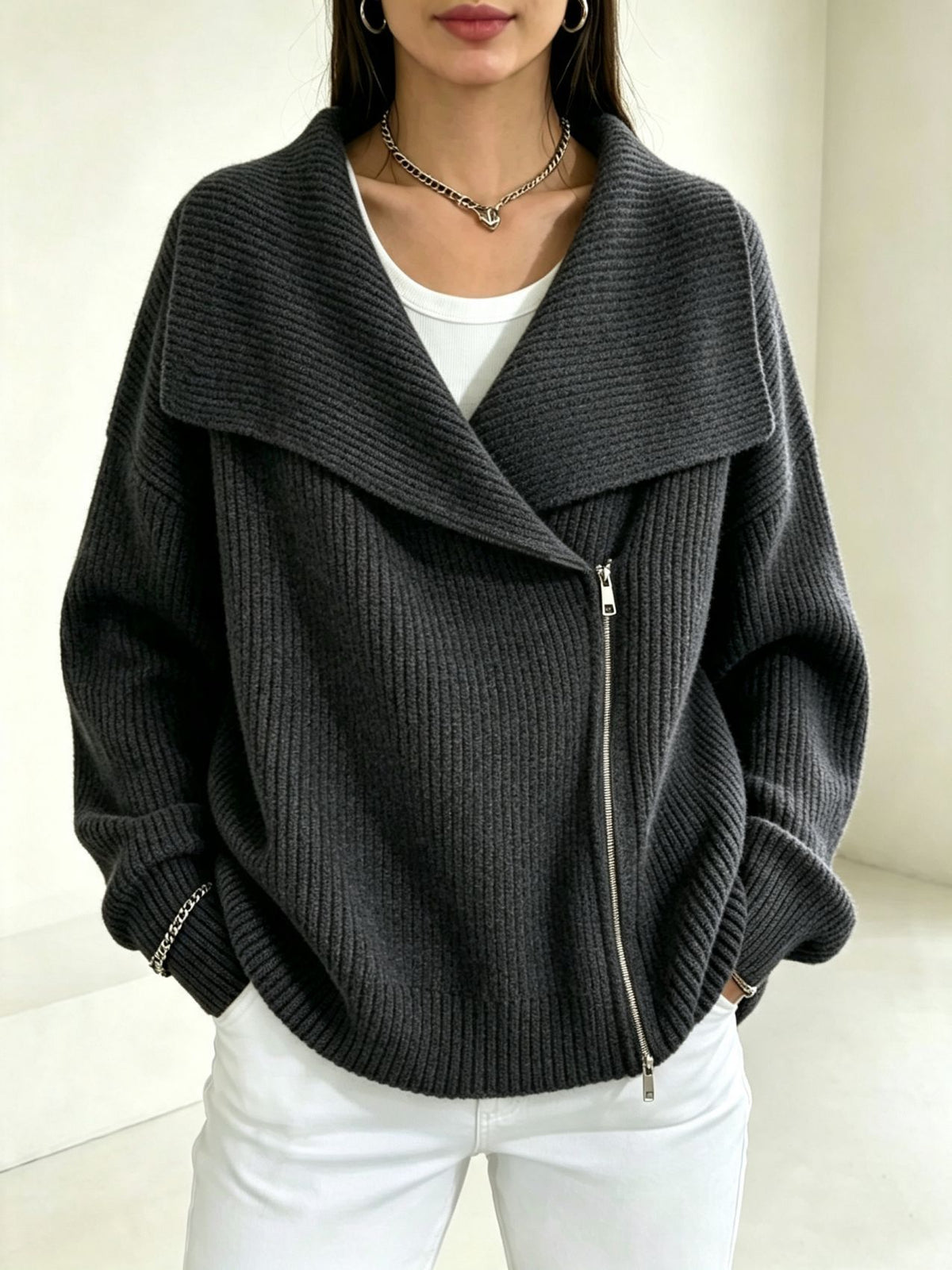 Linda Wide Lapel Double-Zip Knit Cardigan