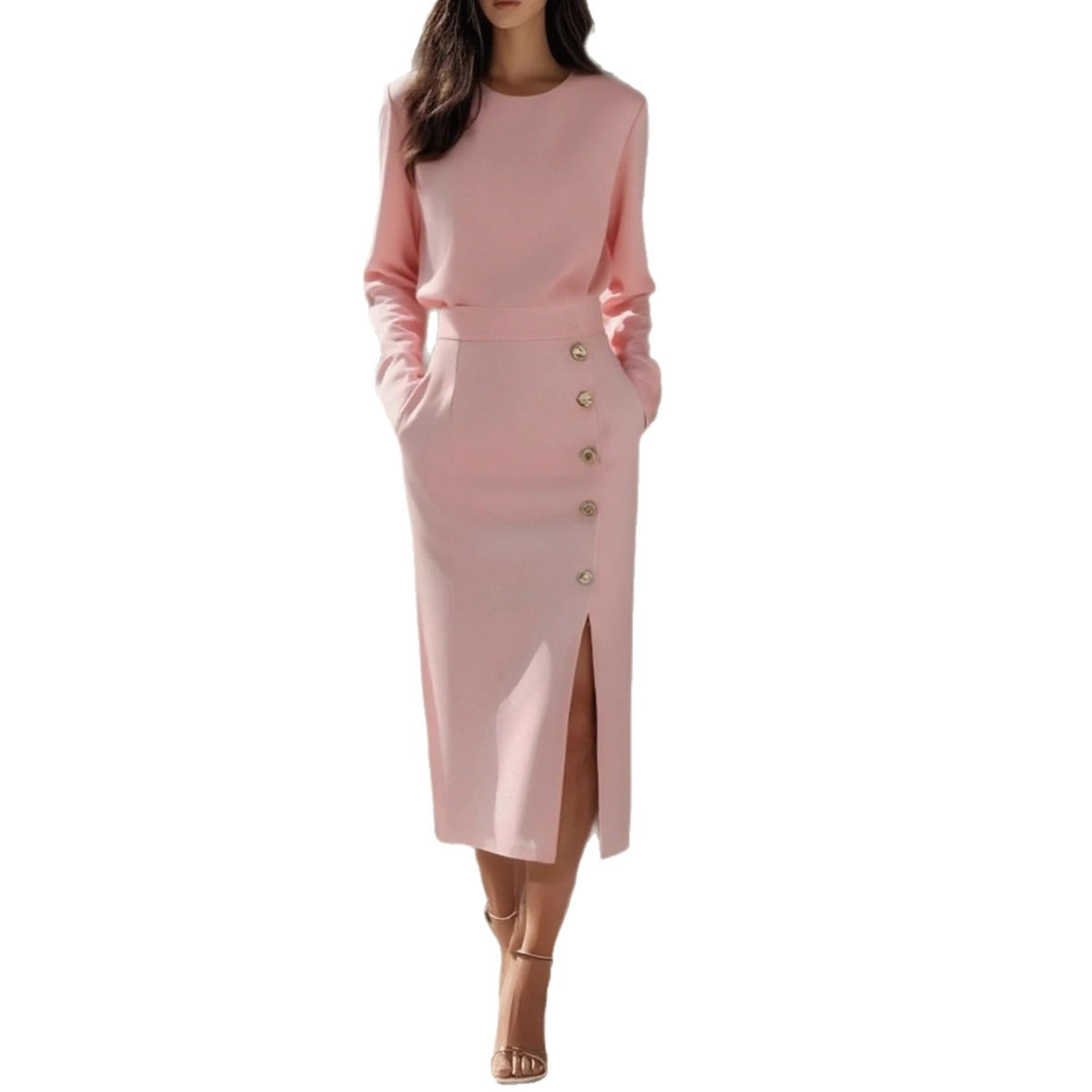 Geraldine | Gold Button Split Midi Dress