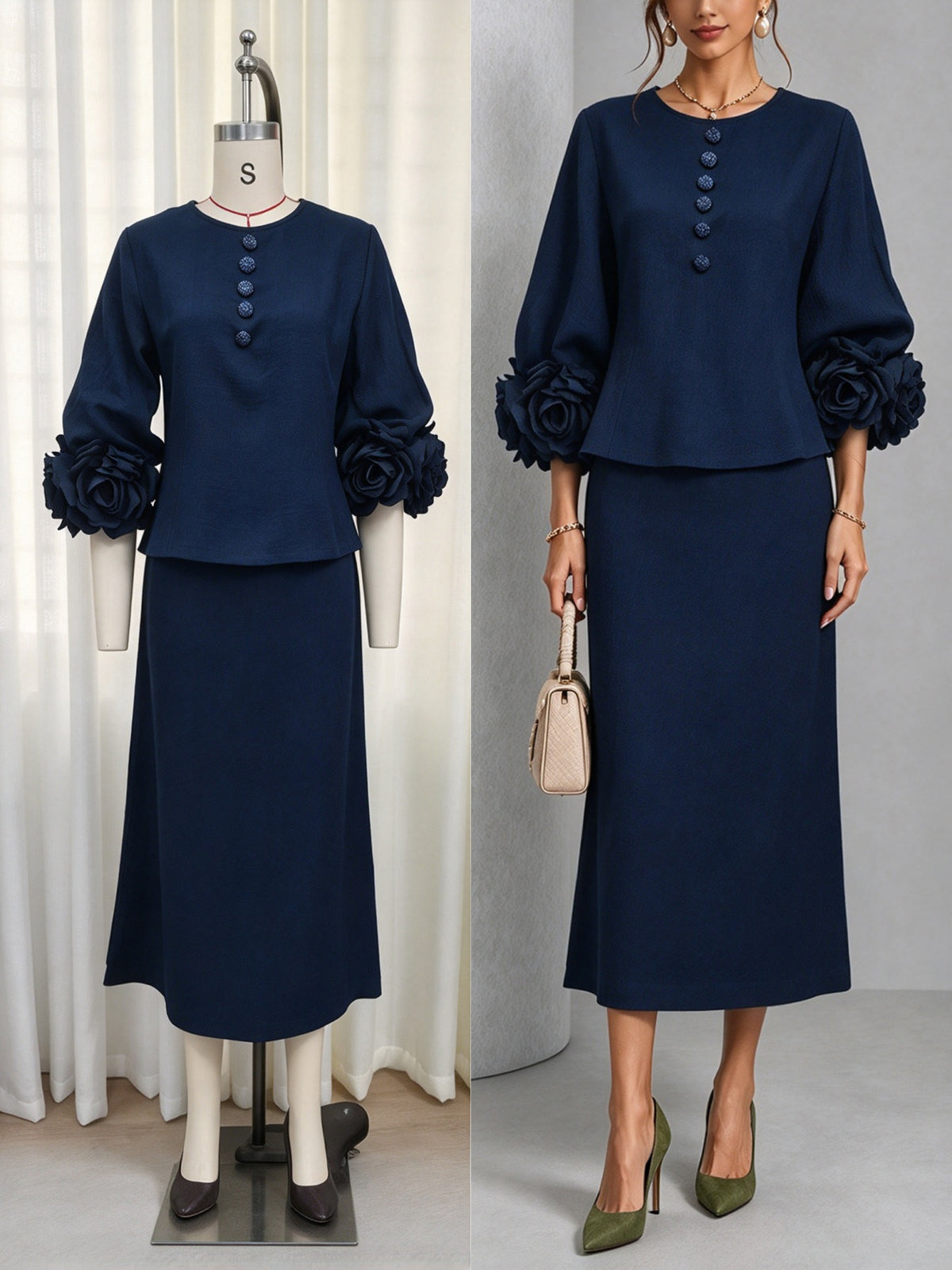 Rosemary | Rose Sleeve Top and Pencil Skirt Set