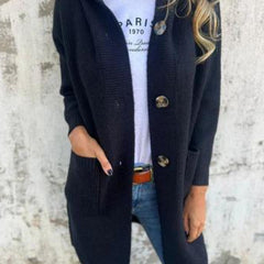 Freda | Long Hooded Button Knit Cardigan