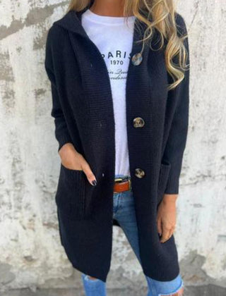 Freda | Long Hooded Button Knit Cardigan