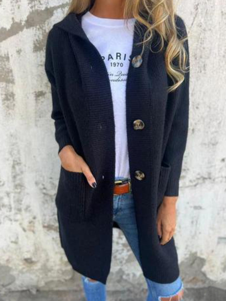 Freda | Long Hooded Button Knit Cardigan