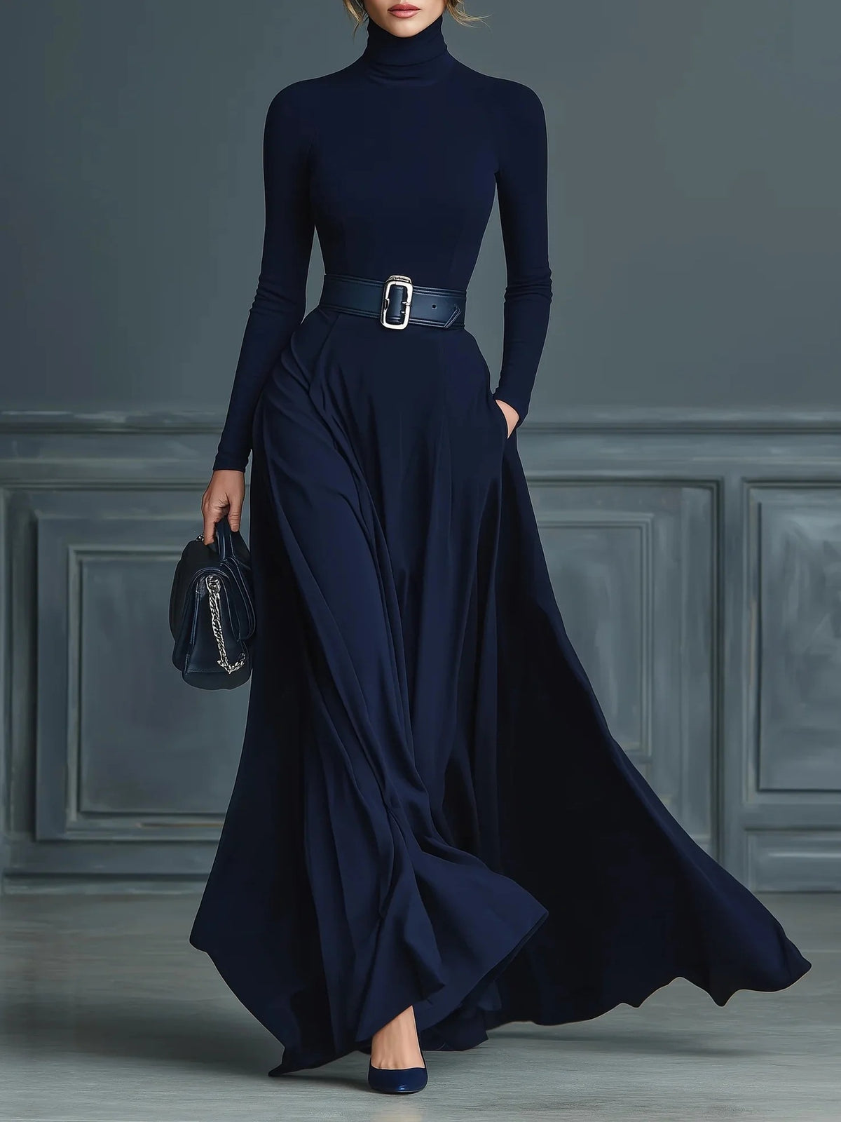 Gaynor | Roll Neck Fitted Waist Maxi Dress