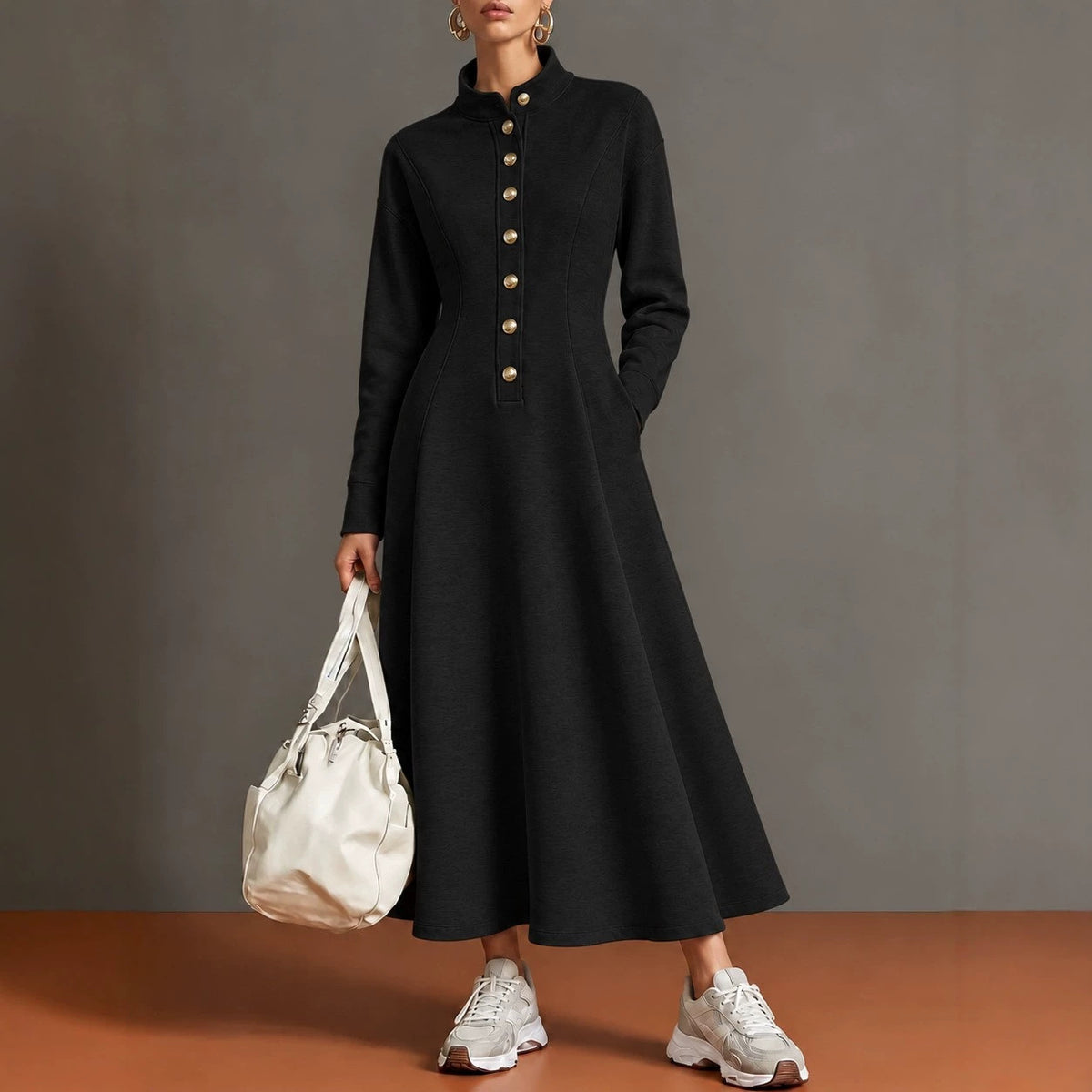 Sandie Stand Collar Button Maxi Dress