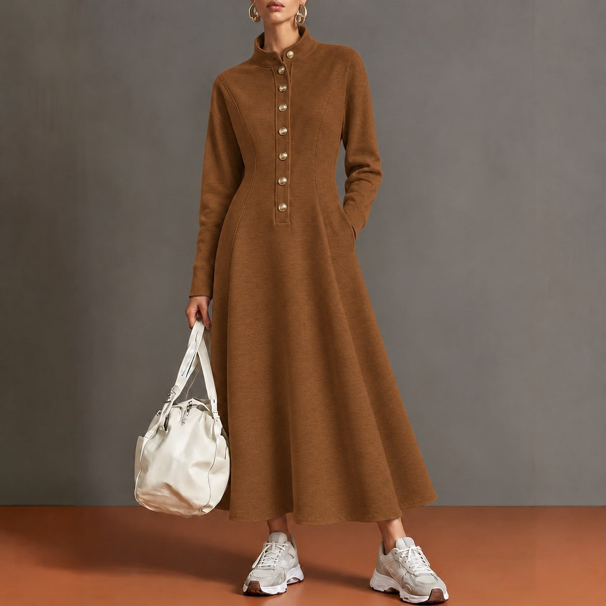 Sandie Stand Collar Button Maxi Dress