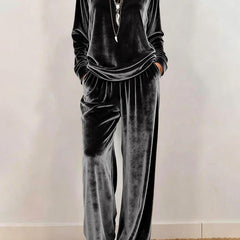 Cynthia | Velvet Round Neck Wide-Leg Trouser Set
