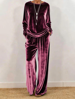 Cynthia | Velvet Round Neck Wide-Leg Trouser Set