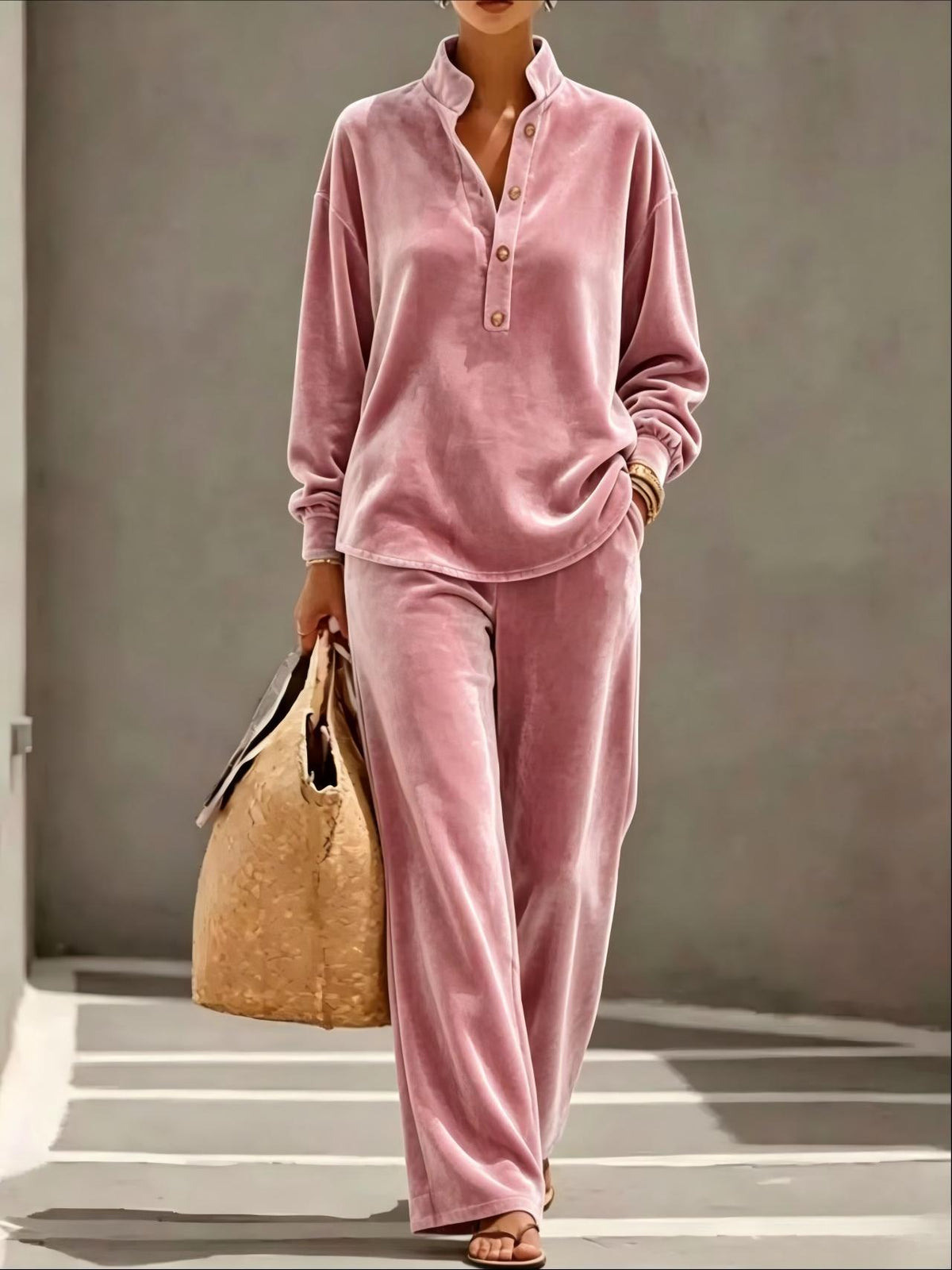Jean | Velvet-Look Button Collar Wide-Leg Set