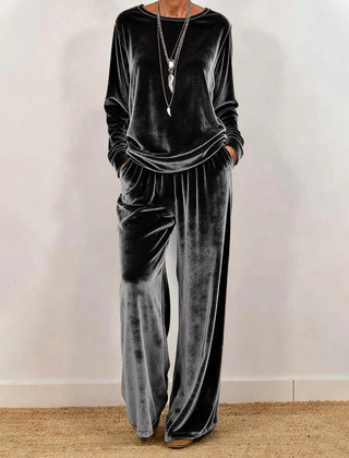 Cynthia | Velvet Round Neck Wide-Leg Trouser Set