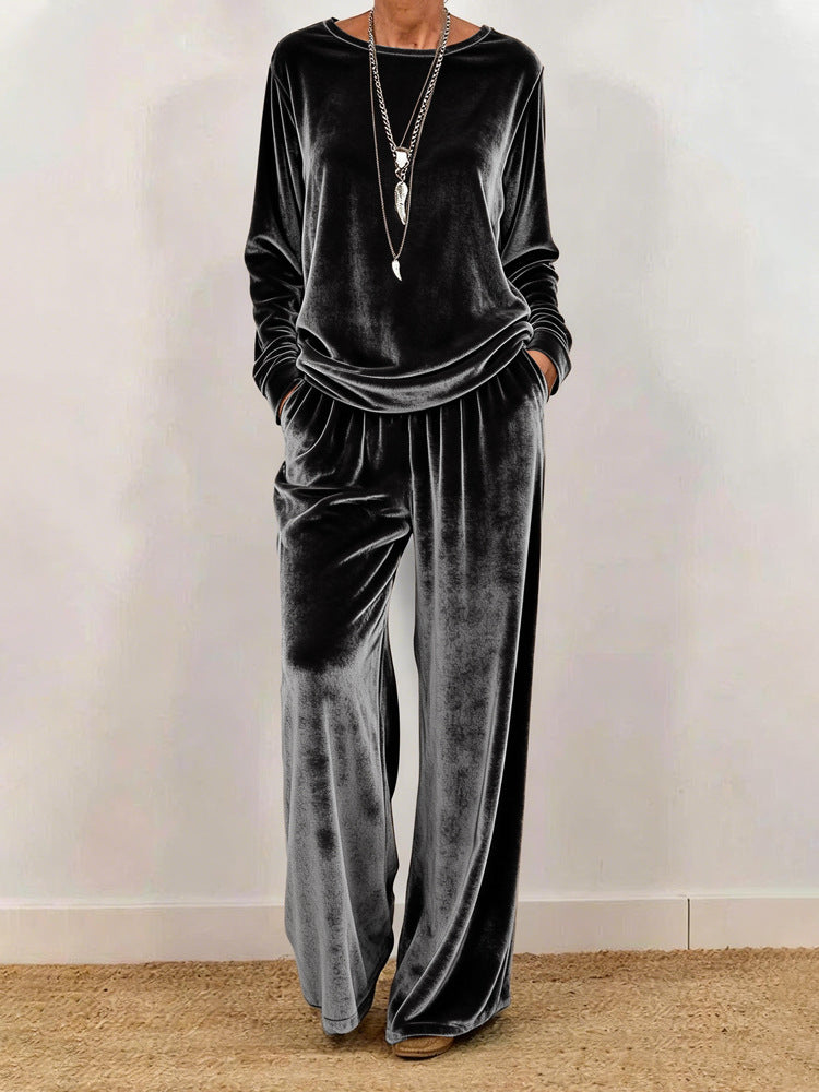 Cynthia | Velvet Round Neck Wide-Leg Trouser Set