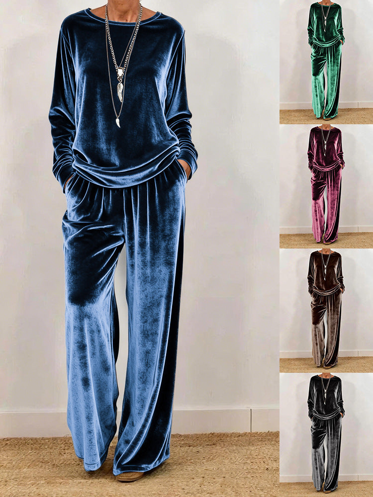Cynthia | Velvet Round Neck Wide-Leg Trouser Set