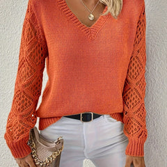 Jeanette Open-Knit Sleeve V-Neck Jumper in Burnt Orange