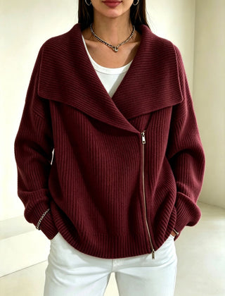 Linda Wide Lapel Double-Zip Knit Cardigan