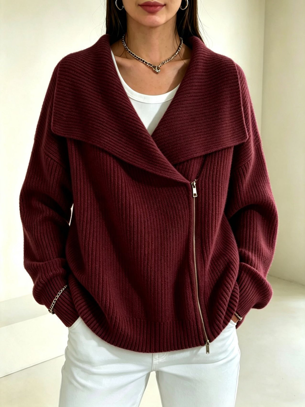 Linda Wide Lapel Double-Zip Knit Cardigan