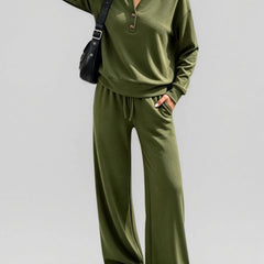 June Button Neck Jumper and Wide-Leg Trouser Set in Khaki Green