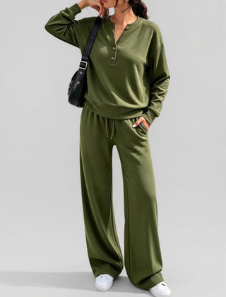 June Button Neck Jumper and Wide-Leg Trouser Set in Khaki Green