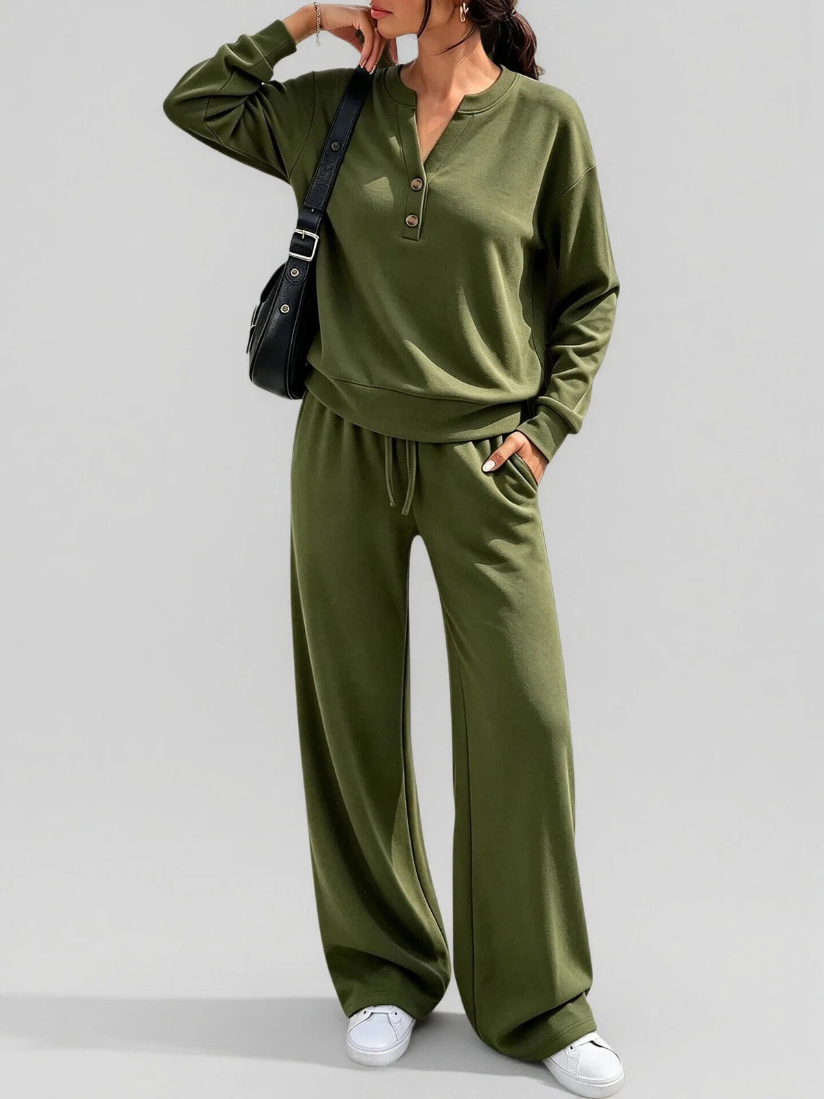 June Button Neck Jumper and Wide-Leg Trouser Set in Khaki Green
