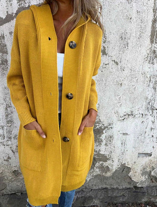 Freda | Long Hooded Button Knit Cardigan