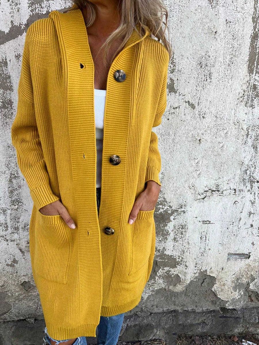 Freda | Long Hooded Button Knit Cardigan