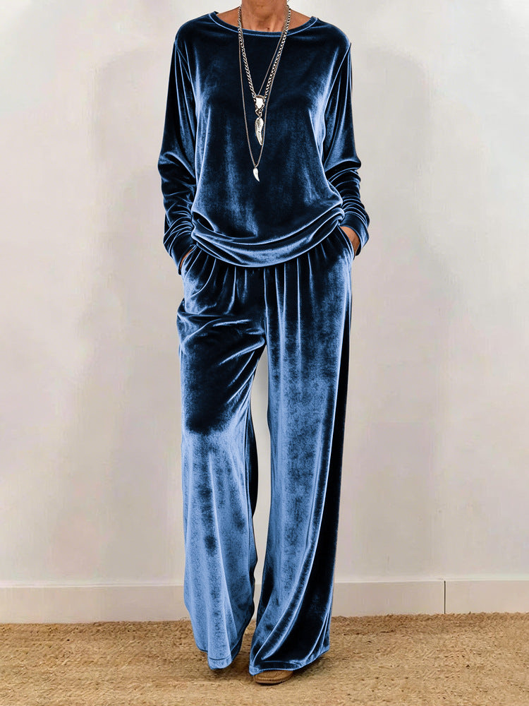 Cynthia | Velvet Round Neck Wide-Leg Trouser Set