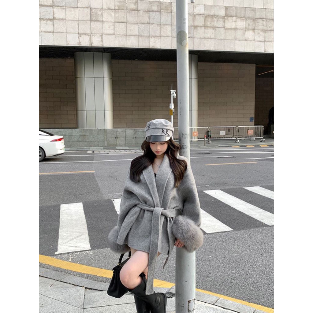 Dianne Belted Wrap Coat with Faux Fur Cuffs